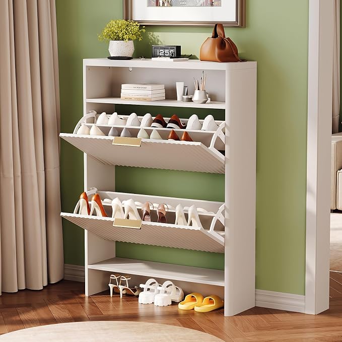 VINGLI White Slim Shoe Cabinet with Curved Edges, Modern Hidden Shoe Storage Organizer with 2 Flip Drawers & Open Shelf, Narrow White Shoe Cupboard with Fluted Panel & Anti-Tip Kit, 32.7" W