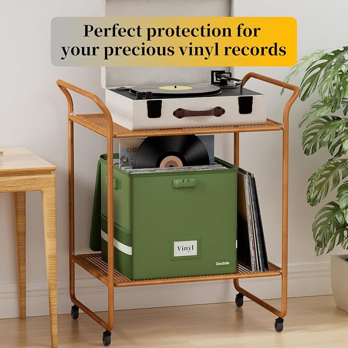 DocSafe Vinyl Record Storage Box with Lock,Fireproof Record Organizer Storage for 100+ Single Records(12-inch), Collapsible Storage Crate with Lid & Handles for Valuable Album Collection,Green,2 Pack