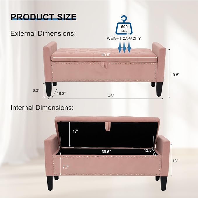 Storage Ottoman Bench, Velvet Upholstered Footstool for Bedroom and Living Room, Frosted Flannel Seat with Storage, Wooden Legs & Metal Rivets, Pink