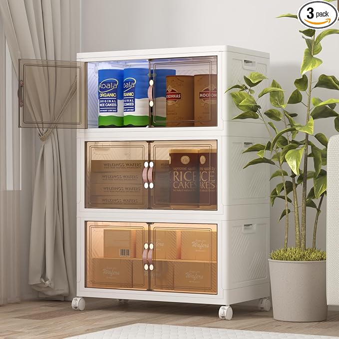 Stackable Storage Bins with Lids, 360QT Closet Organizers and Storage Cabinet with Doors & Wheels, Lockable Plastic Foldable Drawers for Bedroom Dorm Office Garage（120QT*3,White）