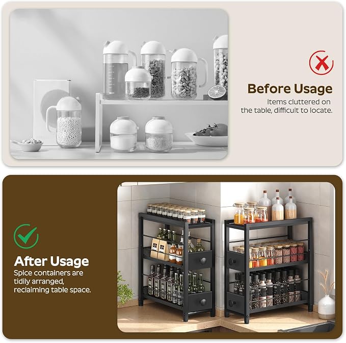 Spice Rack, 3-Tier Pull Out Spice Rack Organizer for Countertop, Narrow Kitchen Countertop Storage Shelf with 2 Drawers, for Kitchen, Cafe, Black SR02BB