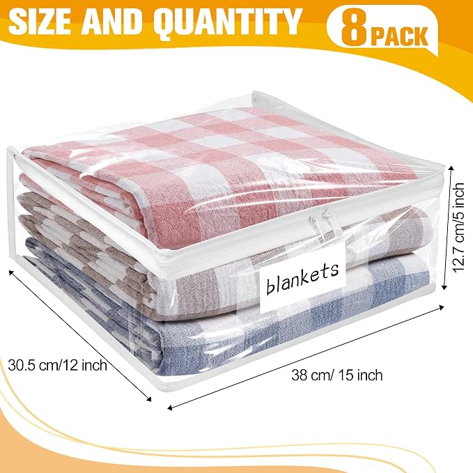 Kikerike Plastic Storage Bags with Easy-Glide Zipper, Pack of 8, Durable Clear Vinyl Zippered Storage Bags for Clothes Sweaters Comforters Blankets Sheets Bedding (15 x 12 x 5 Inch, White)