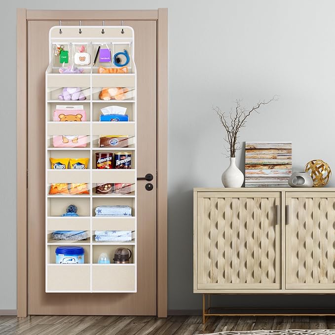 Univivi Upgraded Over Door Organizer for Baby Stuff, Beige Pattern, 6-Shelf | Fabric Behind Door Storage with Clear Window Deep Pockets, Over Door Hanging Organizer for Baby Essential, Bedroom, and Dorm