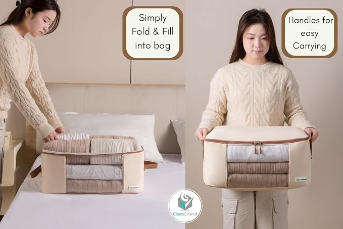 Chaos Cleared Canvas Storage Bags Designer Organizer for Clothing 2 Pack – Clothes Organizers for sweaters, clothing, garment, bedding, quilt, linens, large bag with zip & window, mothproof