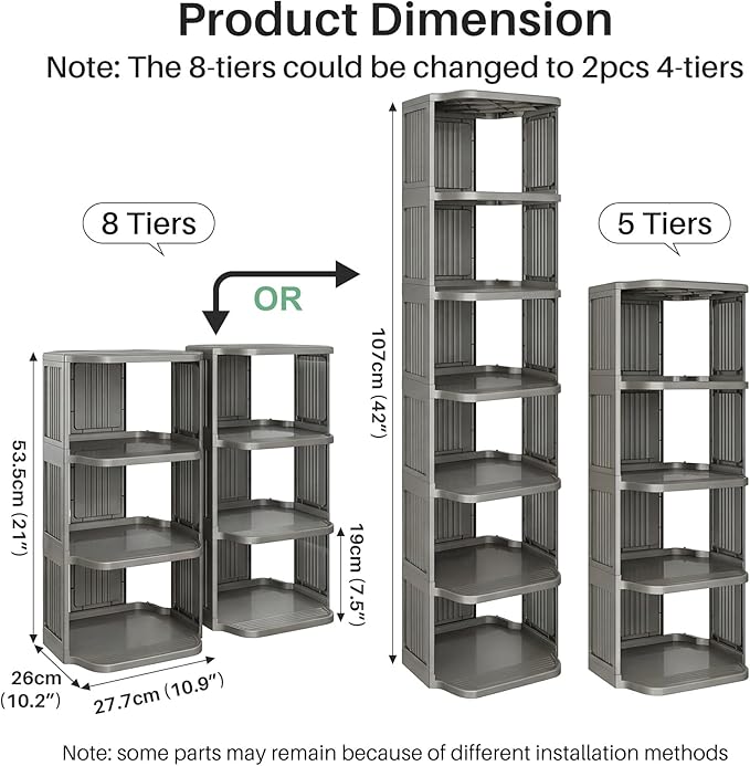 Kitstorack 8-Tier Vertical Plastic Shoe Rack, Freestanding Stackable Shoe Storage Organizer Cubes Shoe Shelf Tower or Small Closets and Tight Spaces, Gray