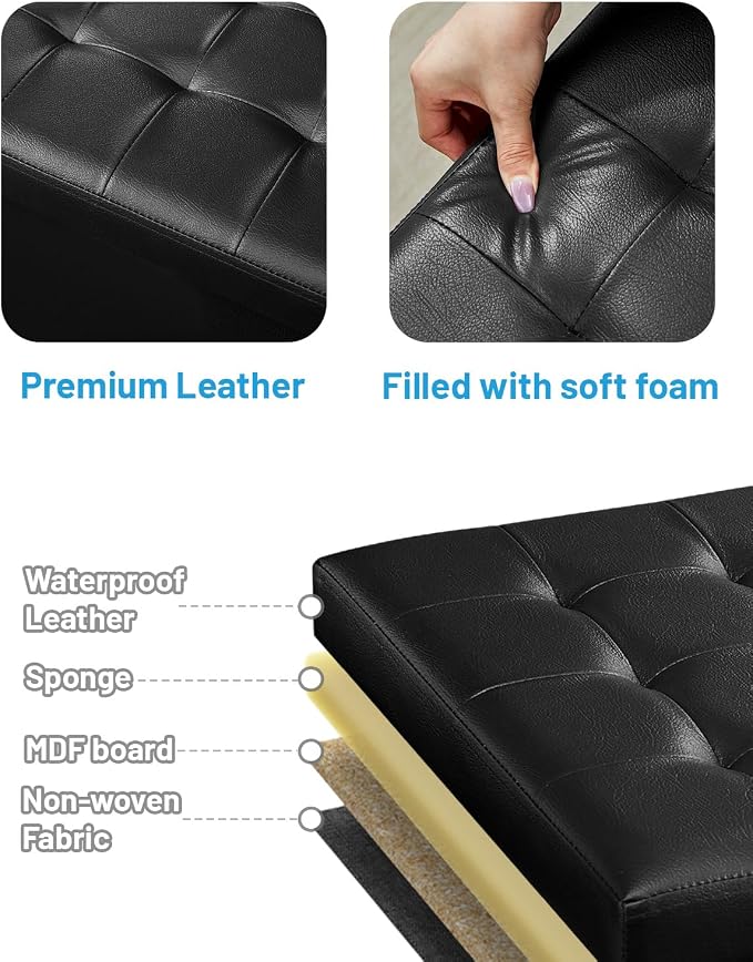 Bsketa Storage Ottoman Bench,17 Inch Folding Leather Foot Rest Stool, Black | Small Ottoman with Side Pockets, Thicker Foam Padded Seat, Livingroom, Dorm, Bedroom, Easy to install, 43L,17x13x13in