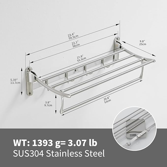 24 Inch Brushed Nickel Towel Racks, Bathroom Towel Shelf with Foldable Towel Bar Holder and Towel Hooks, Wall Mounted Multifunctional Bathroom Accessories, Double Towel Bars