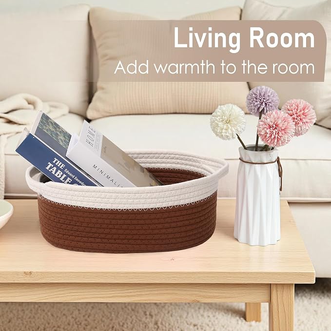 JMvicyroam Small Woven Basket, Empty Gift Basket, White&Brown/1 Pack | Small Gift Basket, Cotton Rope, 12 x 8 x 57 in, Handles, Includes Ribbon and Bag, Birthday Gift Basket