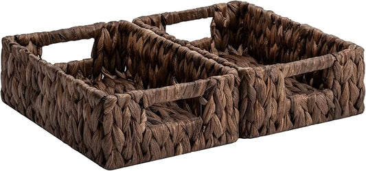 StorageWorks Wicker Baskets for Storage, Water Hyacinth Storage Baskets for Organizing, Wicker Storage Baskets for Shelves, Brown, 2-Pack, 11¼" x 7½" x 3½"