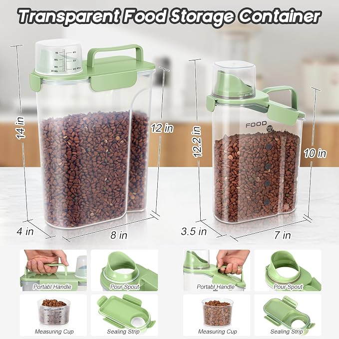 LEAWALK 5-7Lbs Dog Cat Food Storage Container with Upgraded Large Nozzle BPA-free, 4 Snap Seals Plastic Pet Food Storage Containers with Handles (Green x 2, (5L+3L) 2pack)