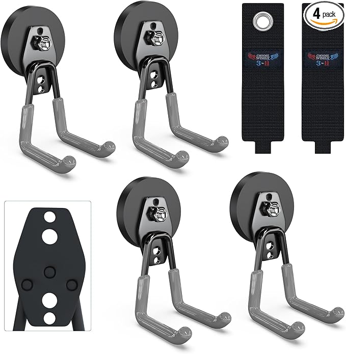 3-H Heavy Duty Magnetic Hooks, Large Magnet Hooks,4 Pack Gray | No-Drill Tool Holder for Garage,Power Drill,Garden Tools,Hose Storage