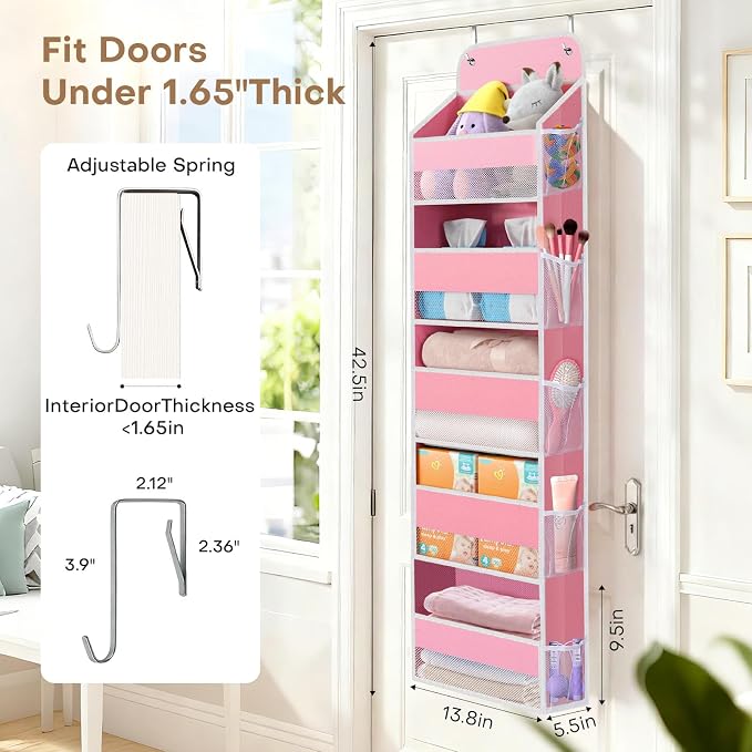 Over the Door Organizer, 5 Large Pocket Hanging Storage with 40lb Capacity | Space Saving Door Storage for Nursery, Bathroom, Bedroom and Closet, Baby Essentials and Toiletry Organizer, Pink