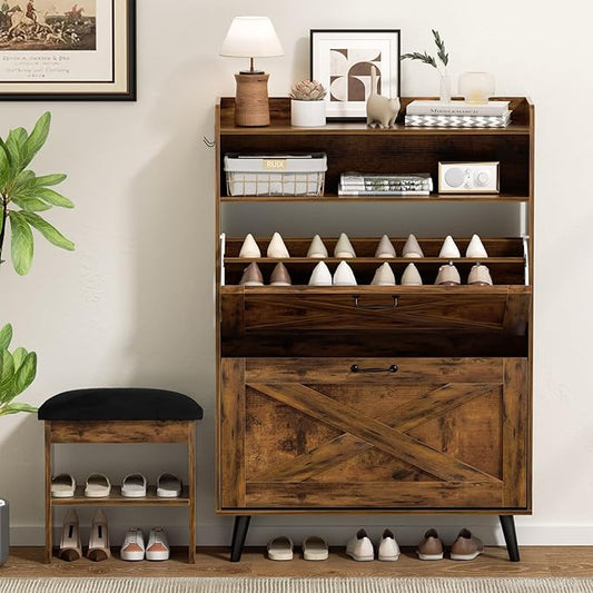 EOYUTLLY Shoe Cabinet with Bench, Entryway Shoe Organizer with 2 Flip Drawers & Open Shelf, Narrow Shoe Storage Cabinet for Entryway, Freestanding Shoe Rack with Legs, Brown