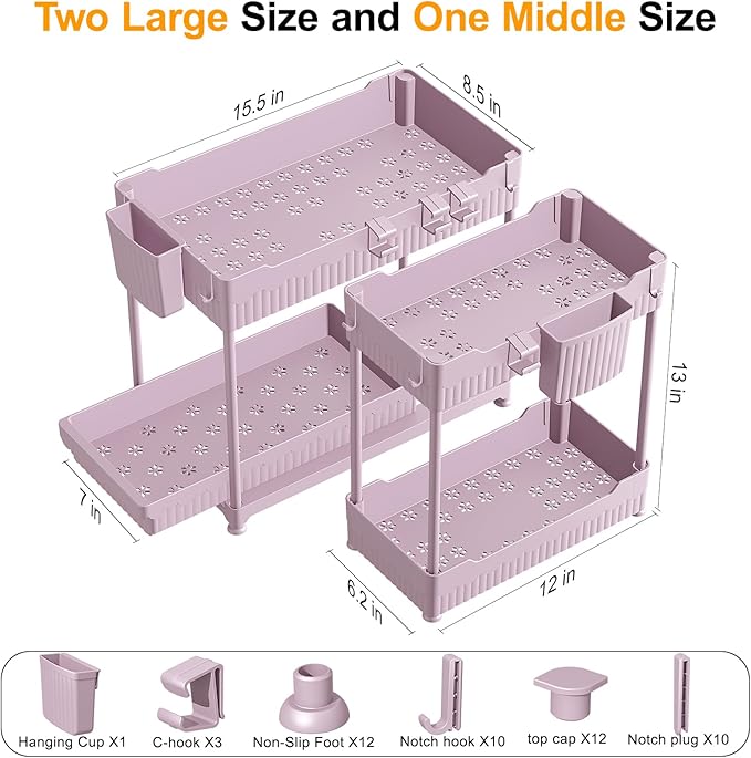 Sevenblue 3 Pack Under Sink Organizers, 2-Tier Multi-Use Kitchen and Bathroom Organizers and Storage with Sliding Drawers, Bathroom Cabinet Organizer (Pink, 14.8 Inch) | Multi-use kitchen & bathroom storage, 14.8 inch pink cabinet organizer, space-savi...