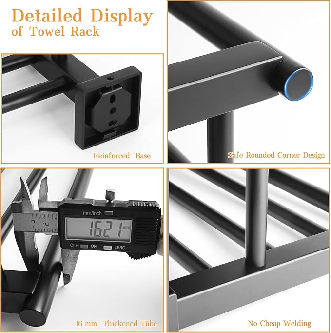 Alise Double Towel Rack for Bathroom Wall Mounted 16 Inch,Matte Black | Bathroom Tower Holder Towel Shelf with Double Towel Bars,SUS304 Stainless Steel Towel Rack with Shelf for Lavatory Kitchen