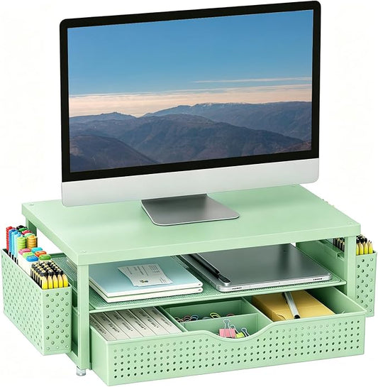gianotter Desk Organizers and Accessories, Monitor Stand with Drawer and 2 Pen Holder, Desktop Organizer Suitable for Offices and Dormitories (Sage Green-Plain)