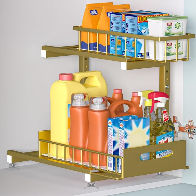 L-Shaped Under Sink Organizer, 2-Tier Pull-out Cabinet Rack 1-Pack | Gold Height-Adjustable Metal Rack, Sliding Grid Drawers with Safety Stopper, Holds 100 Lbs, Ideal Kitchen Cabinet Storage