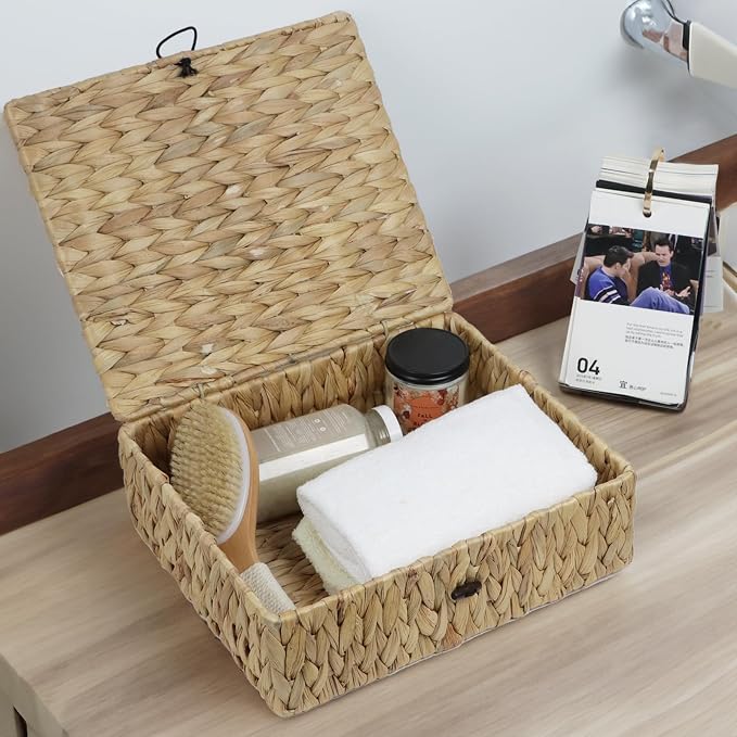 Water Hyacinth Wicker Storage Basket with Lid, Large | Rectangular Woven Box, Shelf Organizer Bin, Multipurpose Home Storage, Decorative Basket, Natural Decor