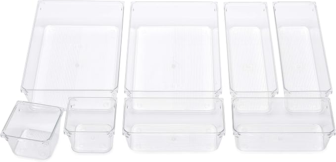 Masirs Clear Drawer Organizer - Easily Organize and Customize the Layout of Drawers. Great for Office Desk, Utensils, Cosmetics and Makeup. (8-Piece Set)