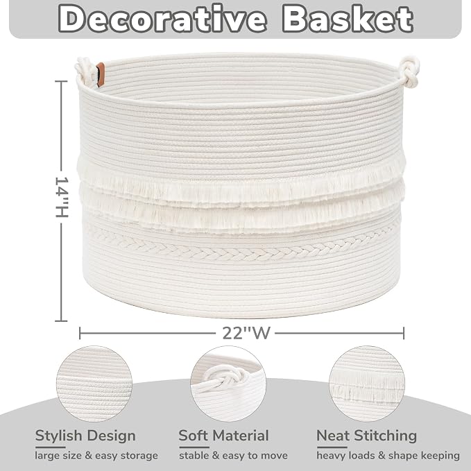 CherryNow 90L Large Woven Rope Blanket Basket with Tassel, 22" x 14", White | Boho Basket for Toys, Clothes & Pillows Storage, Fits Bedroom Living Room Home Décor, Laundry Hamper with Knotted Handles