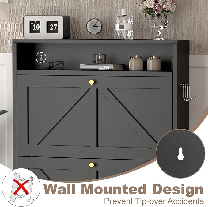 Modern Enclosed Shoe Rack, 3 Flip Drawer Shoe Storage with Open Top Shelf & Hooks, Slim Wall Mounted Shoe Cabinet for Small Space, Thin Storage for Shoes, Anti-Tip Design, Black