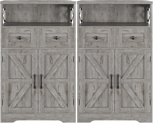 Farmhouse Storage Cabinet Set of 2, Small Kitchen Pantry Coffee Bar Cabinet | Accent Buffet Cabinet Cupboard, 2 Drawers, Barn Doors & Adjustable Shelves, for Kitchen/Entryway/Bathroom, Washed Gray