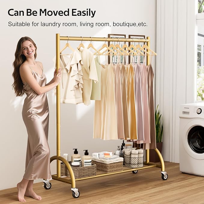 MISSLO Heavy Duty Clothing Rack with Wheels Rolling Clothes Racks for Hanging Clothes, Coats, Garment, Dress, Gold