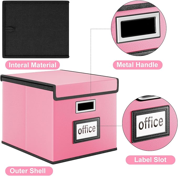 File Organizer Box with Lids, Collapsible File Folder Organizer | File Box with Plastic Slides for Document, Filing Bin for Letter Size Hanging File Folders (4 Pack, Pink, Leather)