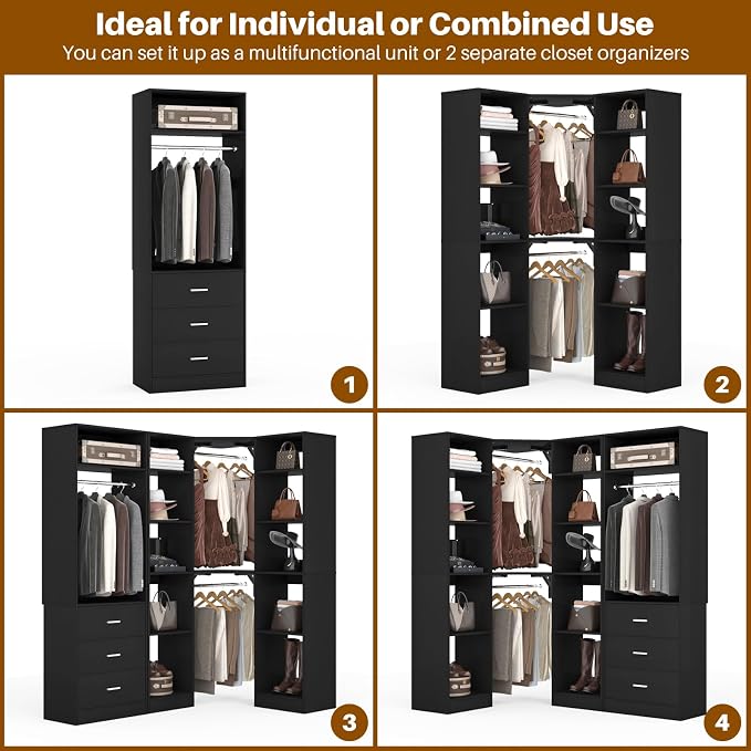 Besiost Corner Closet System with 3 Drawers, Corner Closet Organizer System with 13 Shelves & 3 Hanging Rods, 63.2"L * 39.2"W Reversible L Shaped Walk-in Closets, Load 2000+LBS, Black