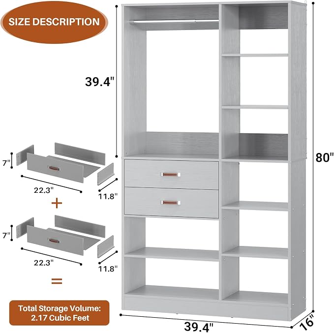 Freestanding Closet System, 40 Inches Stand-Alone Wardrobe with 10 Shelves, 80'' Height Adjustable Cloth Garment Rack with 2 Wood Drawers, Wood Walk-in Closet with Hanging Rod, Grey