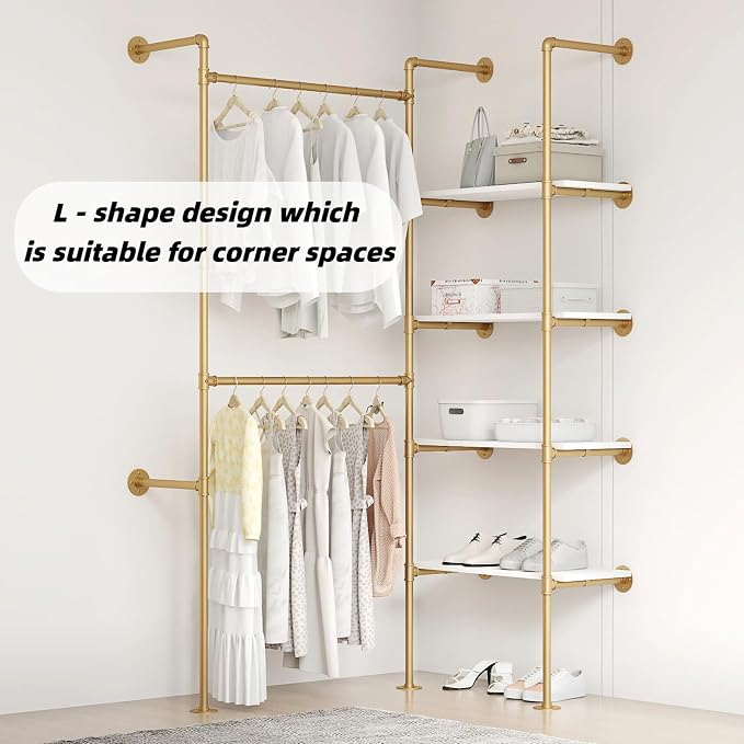 Industrial Pipe Clothing Rack | Hanging Rods Clothes Rack with Shelves, Clothes Rack for Wardrobe, Corner Closet System for Walk in Closets