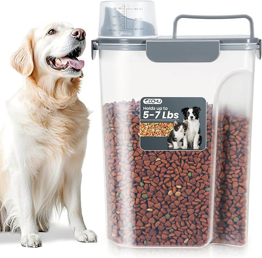 Dog Cat Food Storage Container with Cup (Dark Gray, 5L) | Pet Food Pourable Container Airtight with Large Spout, BPA-Free Plastic Food Dispenser for Pet Food, Bird Seed, Rice, Flour