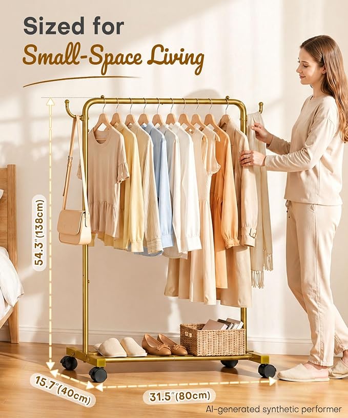 Homde Portable Clothes Rack for Bedroom: 4 Lockable Wheel Move Room-to-Room | Laundry to Closet in 1 Smooth Roll - No Heavy Lifting for Renters & Movers - 88 lbs Hanging Rod for Garment Coat to T-Shirt