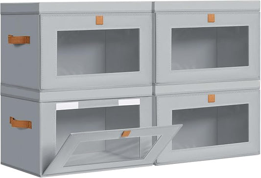 DIMJ Storage Bins with Lids - 4 Pack Large Fabric Closet Organizer with Window & Handles, Collapsible Decorative Storage Boxes for Shelves Under Bed, Books Clothes Blankets Sweaters Organization