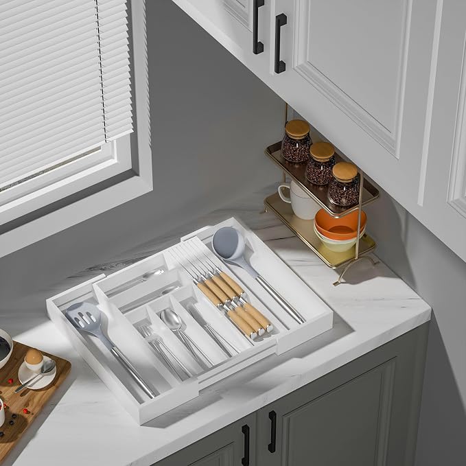 Expandable Bamboo Silverware Drawer Organizer Kitchen Tray, White | Removable Knife Block, Holds 7 Knives, Adjustable Dividers, 12.6-21.45 x 16.3 x 2.13 in, Drawer Insert for Utensils, Forks