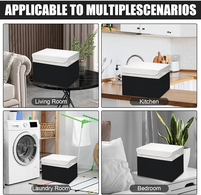 Bagnizer Large 42 Quarts Fabric Storage Bins with Lids [2-Pack] Linen Collapsible Foldable Baskets, Closet Organizer Containers boxes with Handles for Home Office (16.7 x 12 x 12, Black & White)