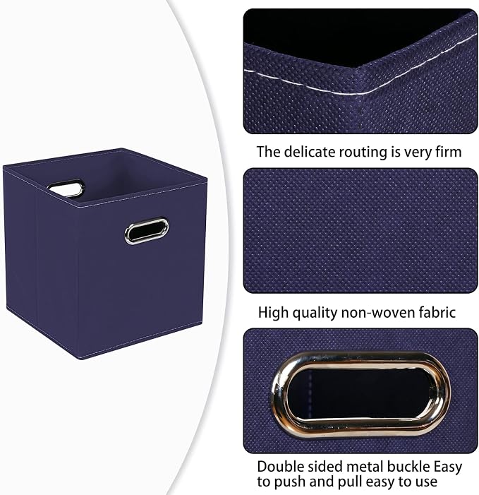Fabric Cloth Storage Bins,Fabric Cube Bins Organizer with Dual Handles Foldable Cube Storage Baskets for Home Bedroom Storage,Set of 3,(Navy Blue)