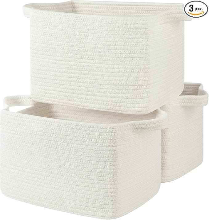 OIASKET Storage Baskets for Organizing, Woven Baskets for Shelves, Rectangle Decorative Organizer for Storage Clothes, Toy, Books, Towels Nursery Bins 3 Pack (White, 13"x9.85"x8.7")