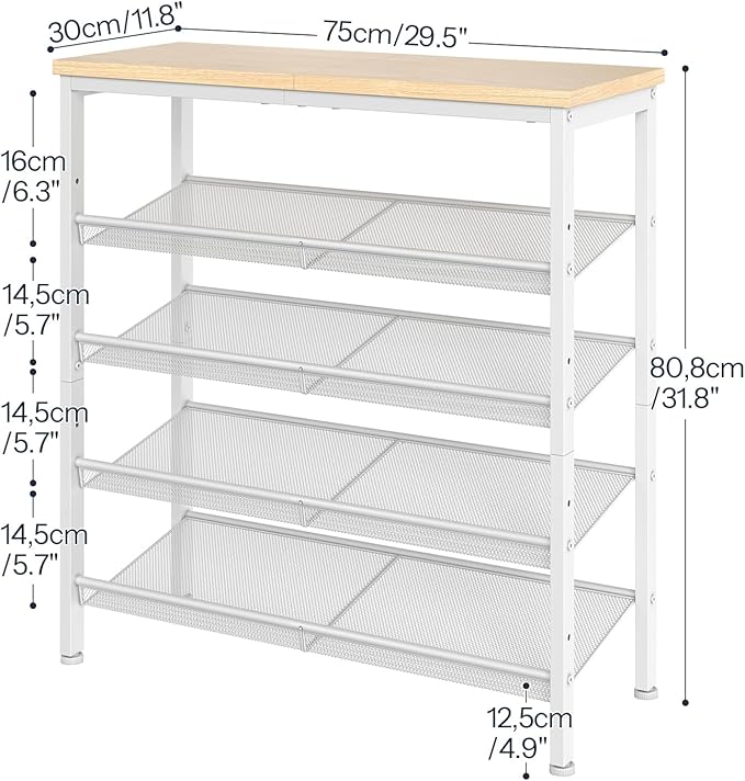 HOOBRO Shoe Rack for Entryway, 5-Tier Shoe Organizer with Adjustable Mesh Shelves, 12-16 Pairs of Shoes, Spacious Floor Mount, Metal, Industrial, Shoe Shelf for Closet, Natural and White WN12XJ01
