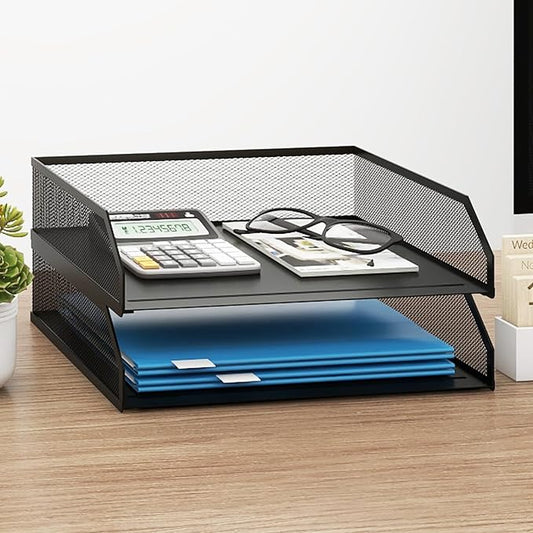 Natwind 2-Tier Stackable Metal Mesh Paper Organizer with Sliding Tray,Black | Desk Organizer for Office Supplies, Letter Tray For Desktop,File Holder For Home School Classroom Organization
