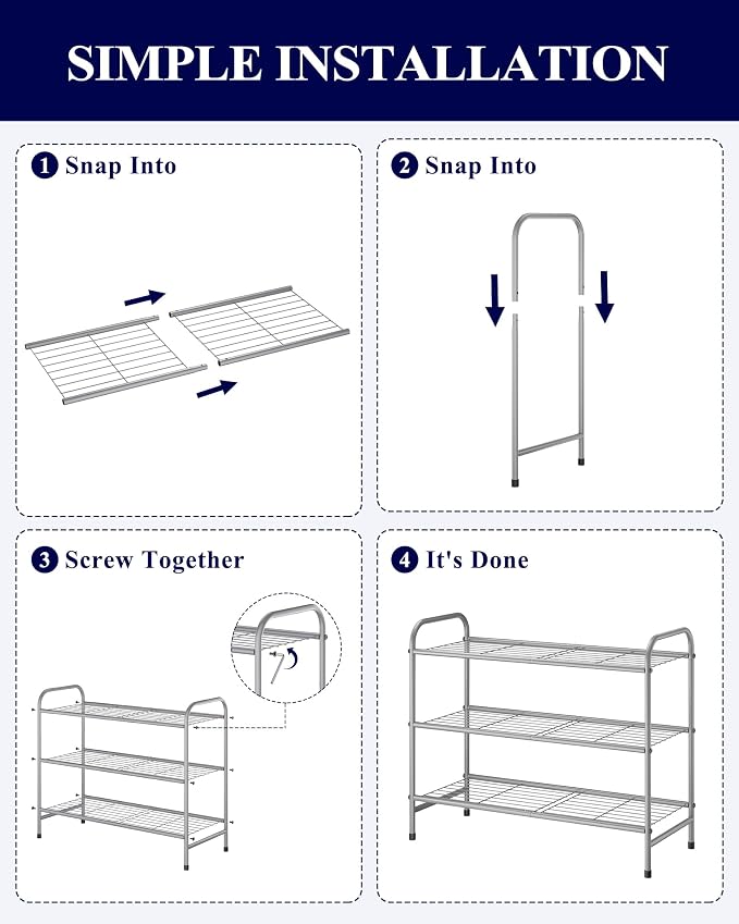 Kitsure Shoe Rack - Stainless Steel Shoe Organizer, Sturdy Shoe Rack for Closet and Front Door Entrance, Free Standing Shoe Shelf, Closet Organizers and Storage, 25.6" Wide - 3 Tier, Grey | Sturdy Shoe Rack for Closet and Entryway, Free Standing Shoe S...