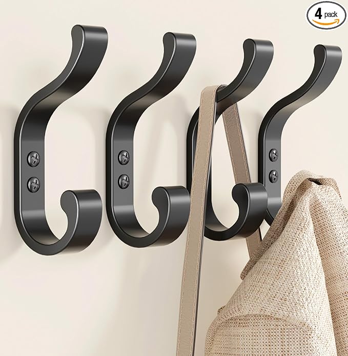 bussdis Coat Hooks Wall Mount for Hanging, Heavy Duty Backpack Hooks for Wall, Hold up to 30 lbs, Large Hanger Hooks for Towels, Purses, Clothes, Mudroom, Bathroom, Door, Black, 4 Pack