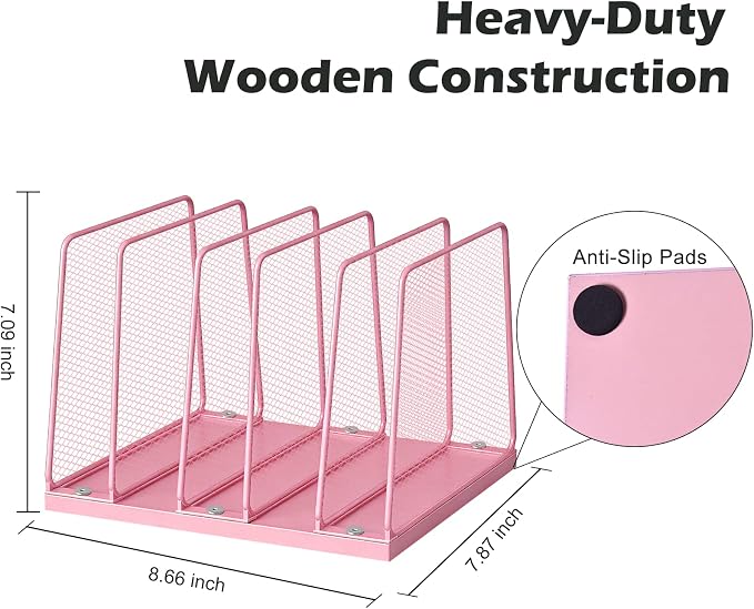 AUPSEN 5-Section File Organizer for Desk, Wood Mesh Desktop File Organizer, File Sorter Storage Rack, Vertical Folder Holder for Files, Magazines, Books (Pink)