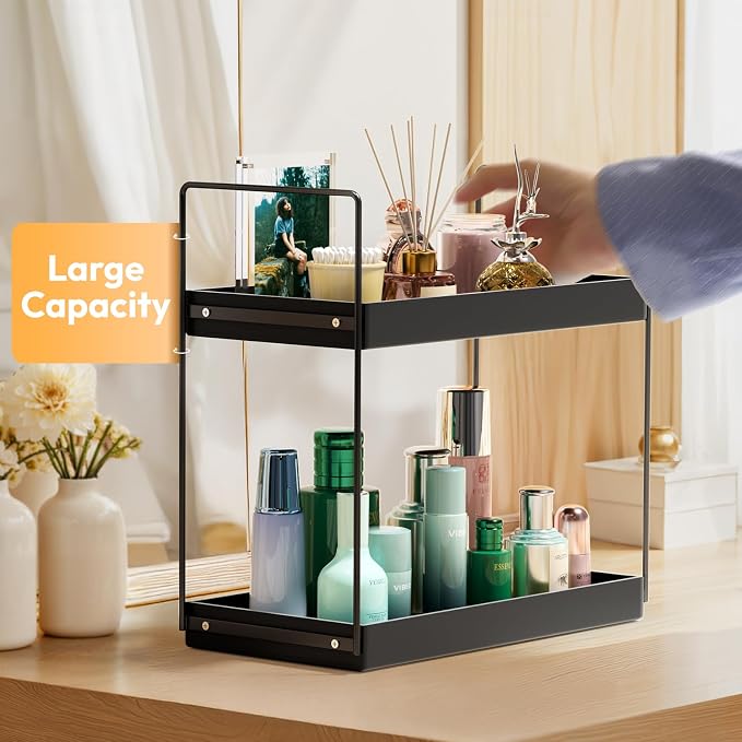 NPPLUS Bathroom Countertop Organizer, 2 Tier Metal Vanity Counter Skincare Shelf, Matte Black, 13.6"L x 6.9"W x 13.8"H | Metal Vanity Counter Skincare Shelf, Under Sink Standing Rack, Home Storage Holder For Lotion Makeup Cosmetics Perfume Spice