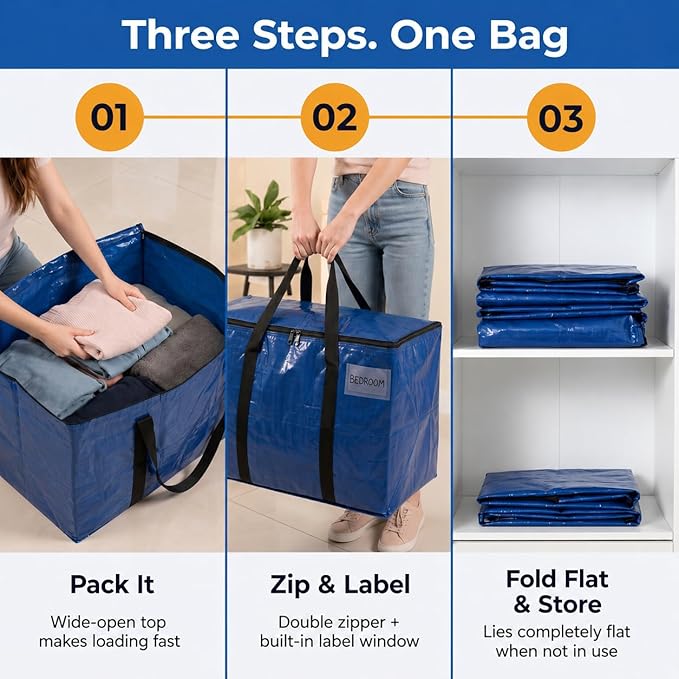 ClearSpace Heavy Duty Moving Bags or Storage Bag – Large Moving Boxes with Backpack Straps, Zippers & Handles – Perfect for Moving, College Dorm, Traveling, Camping, Christmas Decorations, 6 Pack