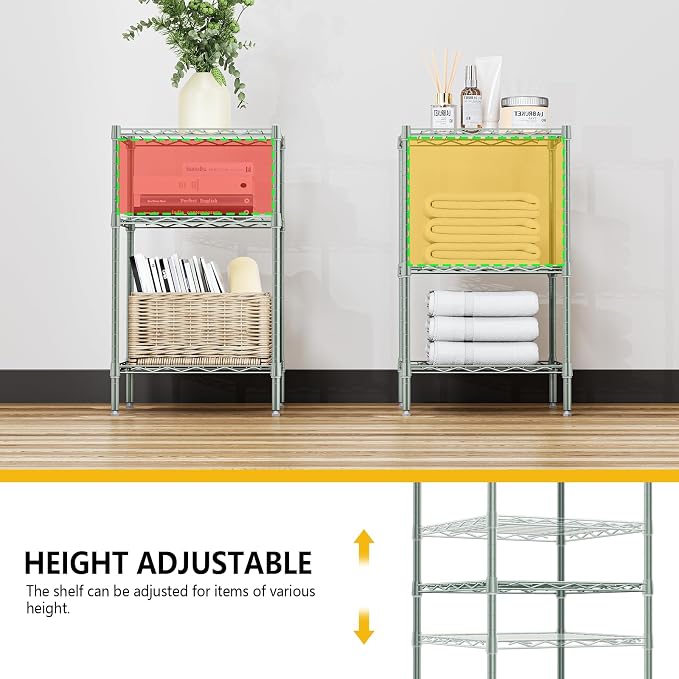 M MZG 750 lbs 3-Shelf Storage Shelves Wire Shelving Unit Standing Metal Rack for Small Places Narrow Wire Rack for Bathroom, Green 13.8 D x 13.8" W x 25.5" H