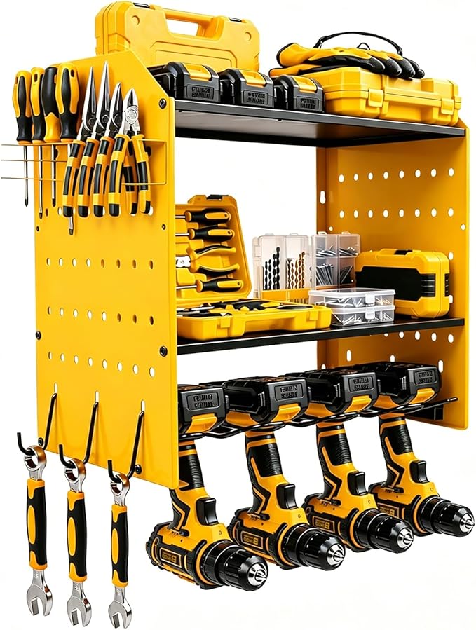 Power Tool Organizer Wall Mount, Garage Drill Storage Shelf with Hooks, Heavy Duty Metal Premium Garage Tool Shelf,Cordless Tool Storage Rack for Garage, Tool Room,Yellow