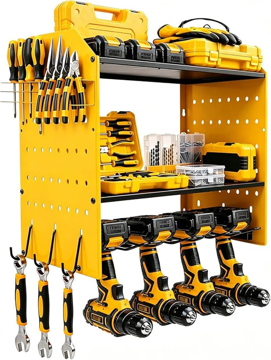 Power Tool Organizer Wall Mount, Garage Drill Storage Shelf with Hooks, Heavy Duty Metal Premium Garage Tool Shelf,Cordless Tool Storage Rack for Garage, Tool Room,Yellow