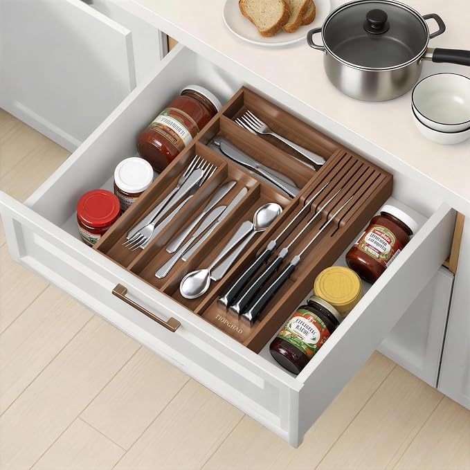 Small Bamboo Silverware Organizer Kitchen Utensil Tray, Brown | Removable Knife Block, Holds 7 Knives, Adjustable Dividers, 15.6 x 12 x 1.8 in, Drawer Insert for Utensils, Forks