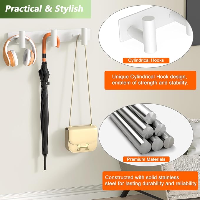 Wall Mounted Coat Rack-3 Hooks, Heavy Duty Stainless Steel Wall Hooks for Towel Coat Bag, Hat Rack Coat Hanger Coat Hooks Towel Racks for Bathroom Entryway Kitchen Hotel Office (White, 1 Pack)